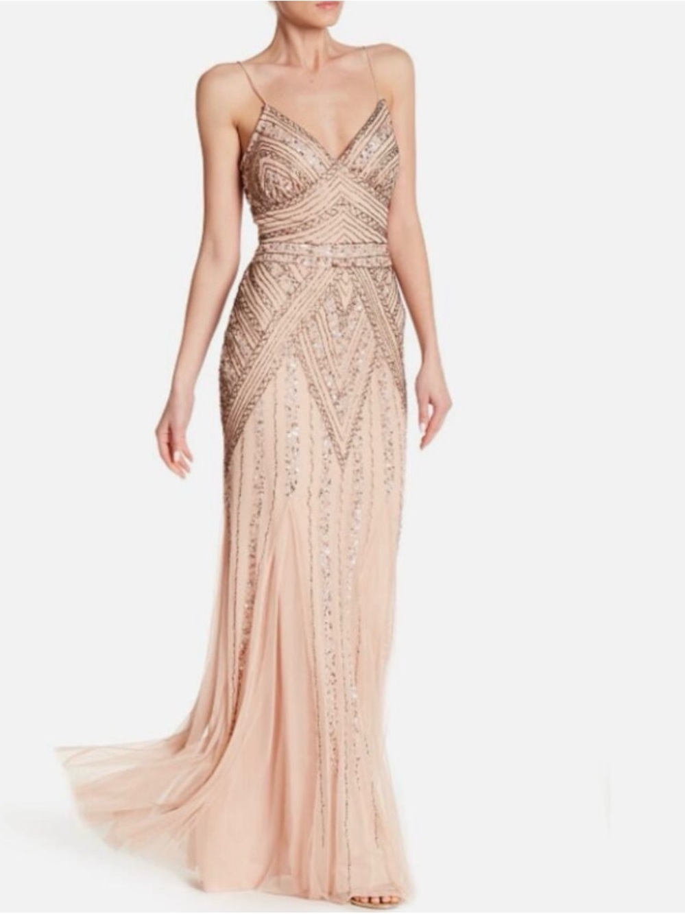 MARINA champagne Beaded V-Neck Spaghetti-Strap Gown
